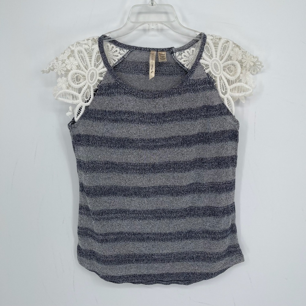 By Design Women's Blue Striped Lace Crochet Sleeve Knit Top Blouse Size M